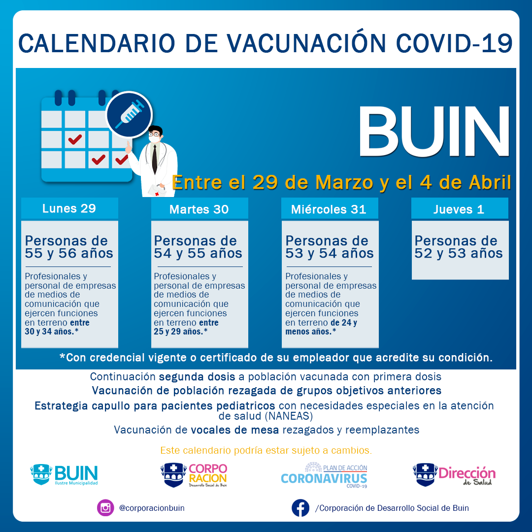 CALENDARIO DE VACUNACIÓN COVID-19 EN BUIN, SEMANA DEL 29 DE MARZO AL 1 DE ABRIL