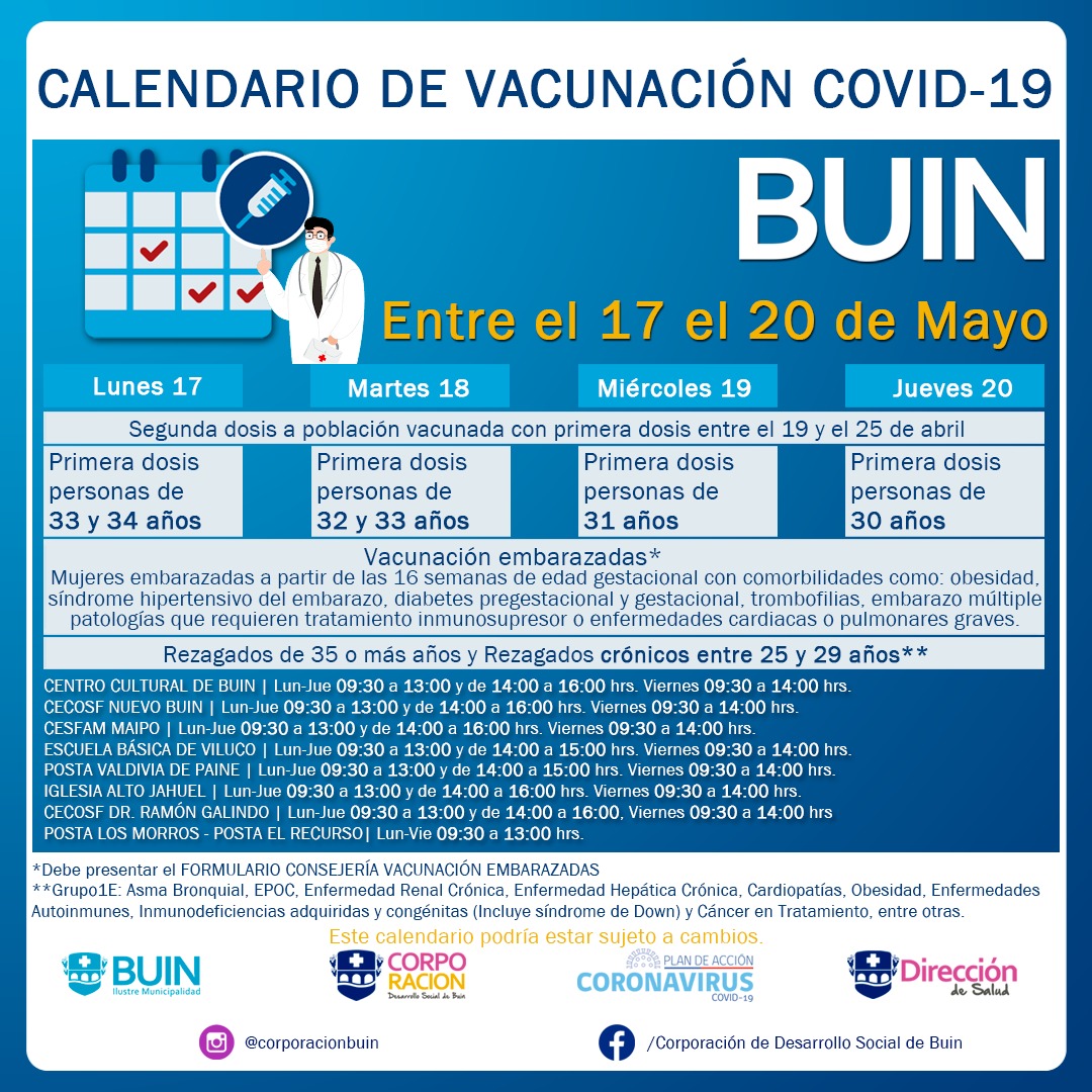 CALENDARIO DE VACUNACIÓN COVID-19: SEMANA DEL 17 AL 20 DE MAYO